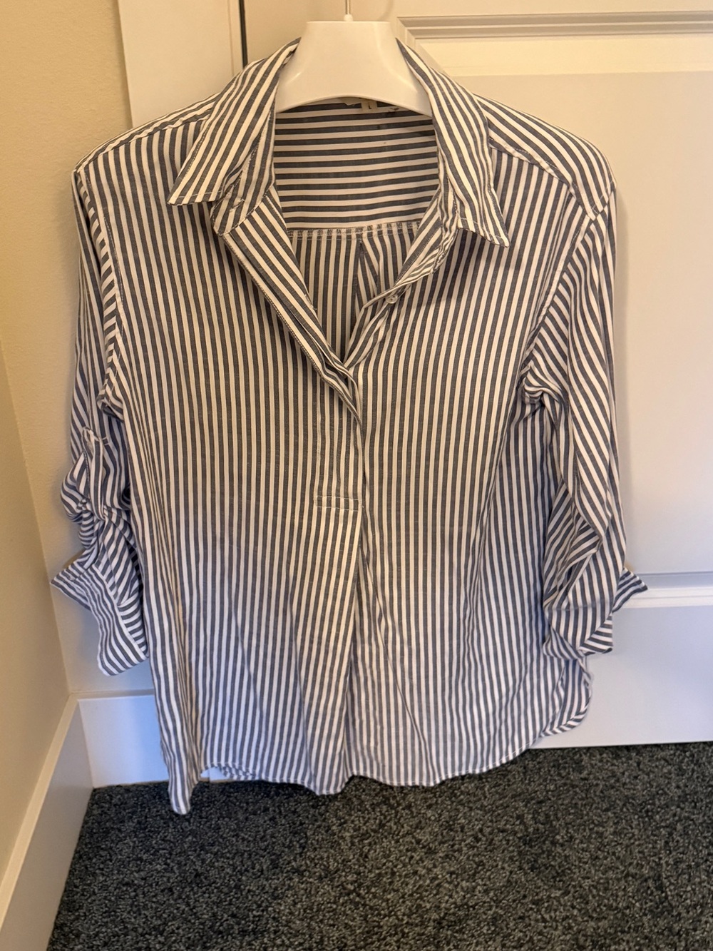 Max Studio Navy and White Striped half button down tunic / long shirt